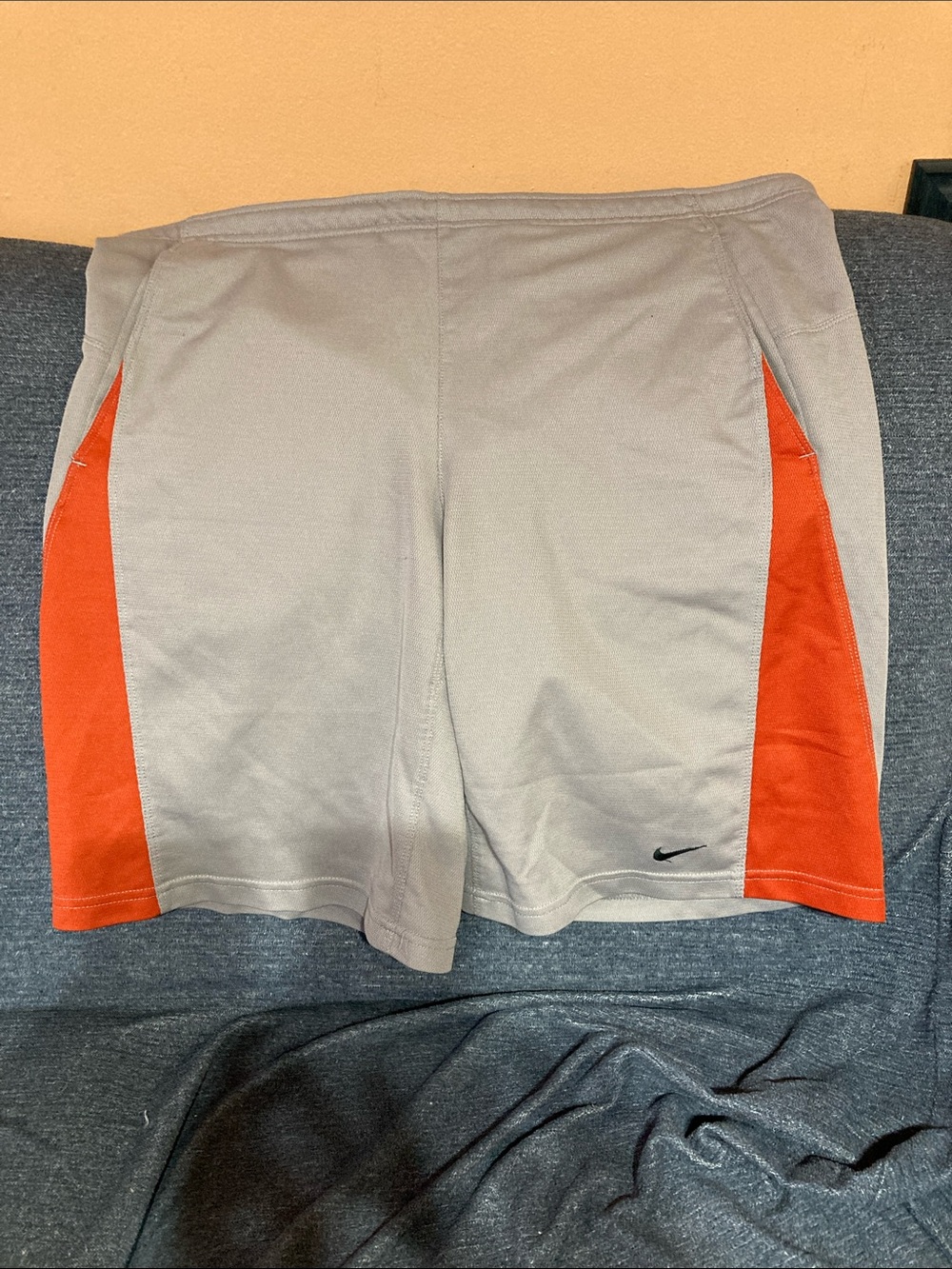 Y2K Nike Men’s Light Gray Athletic Shorts with Orange Side Panels